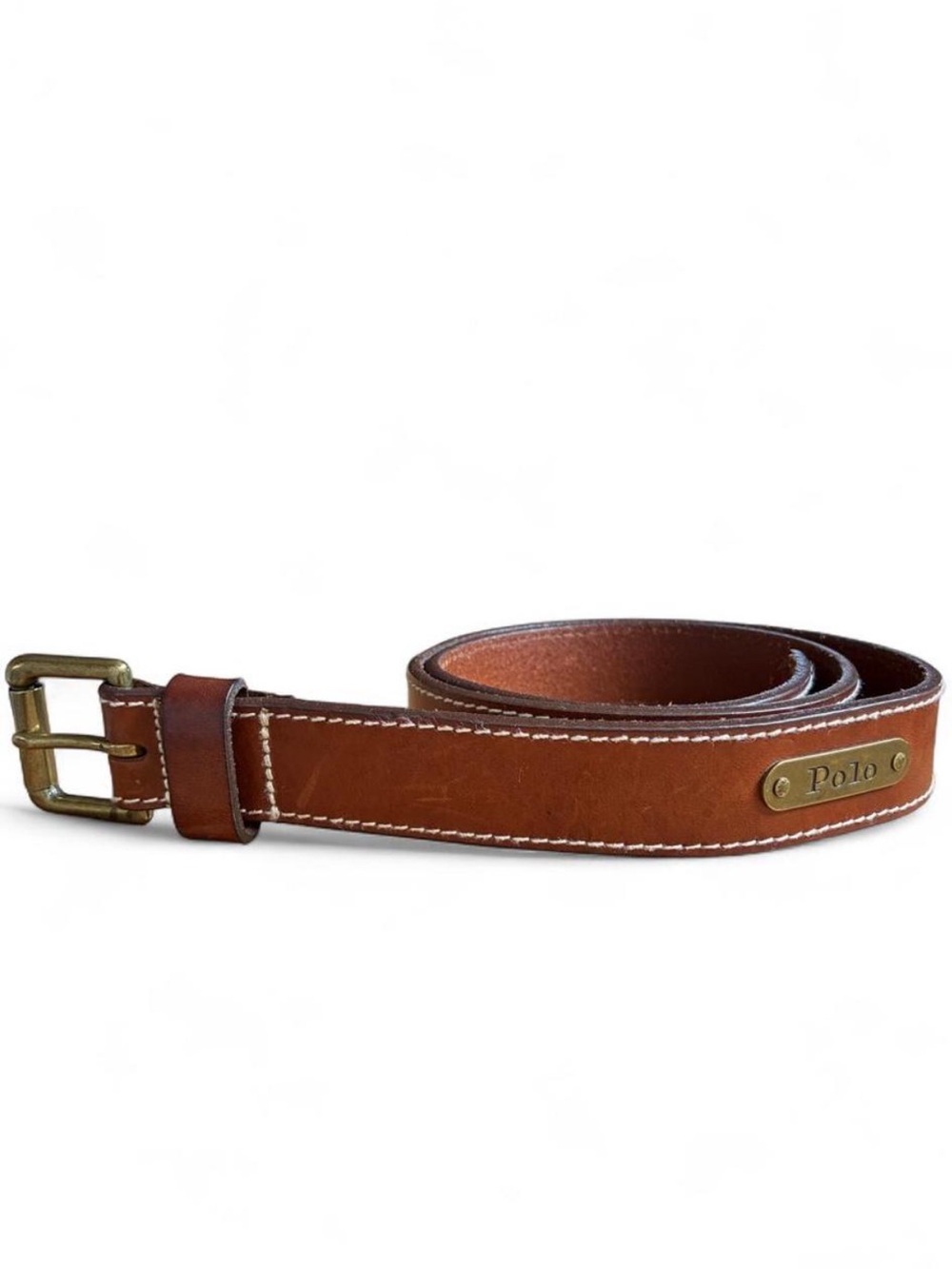 Vintage Polo Ralph Lauren genuine Brown Leather Belt Brass Buckle 34 / 35